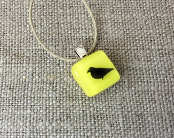 Robin bird Pendant Glass Jewelry Necklace of Fused Glass by Happy Owl - sparrow aviary black on yellow cute kids jewelry
