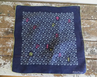 Tammis Keefe Handkerchief Blue Floral with Bugs Vintage hankie retro hankie blue hankie ladybug