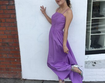Lavender Spaghetti Strap Evening Dress With Floral Embroidered Bust // 1980s // Flowy