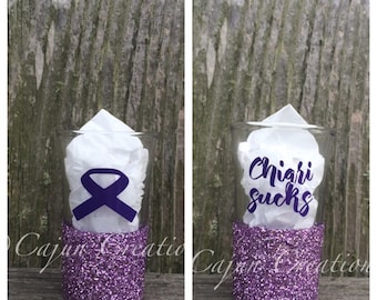 Chiari malformation shot glass, glitter shot glass, Chiari sucks on back, Purple chiari awareness ribbon on front, chiari gift.