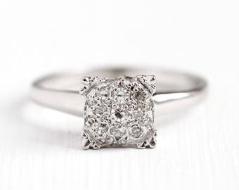 Sale - Diamond Cluster Ring - Vintage 10k White Gold .34 CTW Ring - Size 8 3/4 Art Deco 1940s Fine Engagement Bridal Illusion Head Jewelry