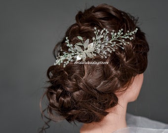 Silver Hair Comb, Silver Leaf Comb, Crystal Bridal Hair Comb, Silver leaf hair comb, Crystal Hair Piece, Silver headpiece, Wedding Hairpiece