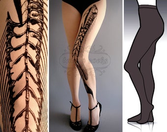 S/M Fish Bone Dark Grey tattoo tights / stockings / full length / pantyhose / nylons