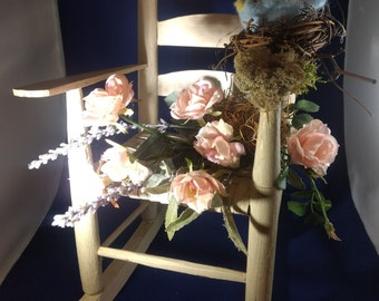 Handmade Needle Felted BLUEBIRD in Nest on RUSTIC ROCKINGCHAIR-14" Tall Silk Floral Arrangement-Chippy-Wool-Pink Roses & Lavender-Fresh!!!!!