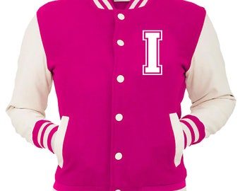 Personalized Pink Varsity Jacket, Base Ball Jacket, Letterman Jacket Pink & White - Custom Letter I