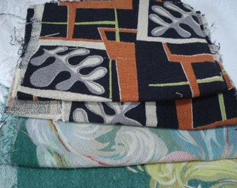 Vintage Fabric Barkcloth Remnants/5 Pieces For Sewing Projects/Good Size Pieces For Patchwork/ Pillows/Hearts/Small Bags/Home Decor