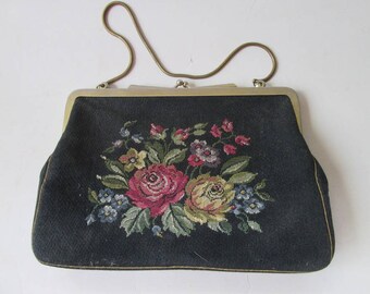 Vintage Black Floral Tapestry Purse Made in Austria Petit Point Evening Handbag Antique Austrian Purse