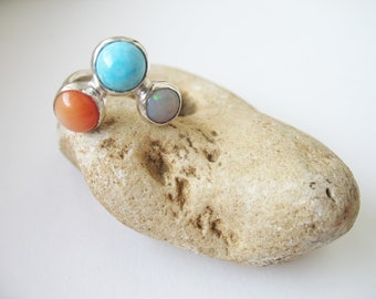 Silver ring Sumertime ooak with orange coral, blue turquoise and opal
