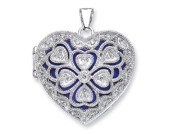 Vintage Filigree Design Sterling Silver Cz Heart Shaped 2 Photo Locket