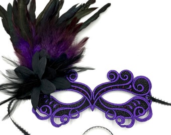 masquerade mask, masquerade mask with flower, a purple gems and purple feathers, lace purple and black masquerade mask