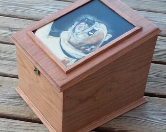 Pet urn , pet memorial box , large pet urn, custom portrait of pet on memorial box, oversized urn to hold pet leash pet toy