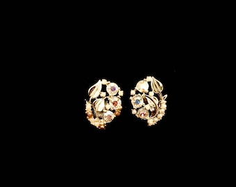 50s Aurora Borealis Rhinestone and Pearl Floral Earrings LV0069