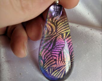 Fused Glass Pendant Rainbow Dichro Teardrop
