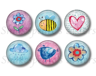 Colorful Springtime Magnets - Set of Six Round 1.5 Inch Magnets - Bees, Flowers, Bird, Rain - Cute Kitchen Decor