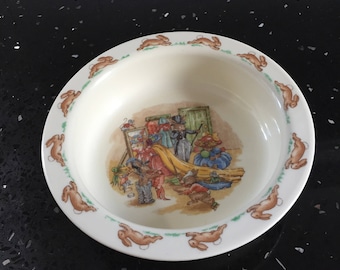 Bunnykins porridge or cereal bowl for children, bone china Royal Doulton made in England. Dress up time for the bunnies.