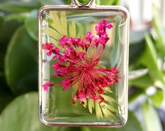 OOAK Fuchsia Queen Anne's Lace Botanical Resin Pendant