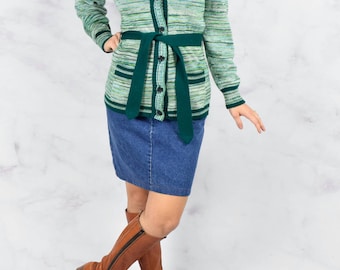 1970s Space Dye Belted Cardigan in Blues and Greens