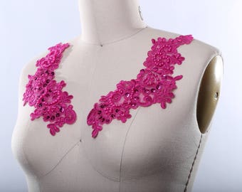 Magenta Beaded Applique / Pink Appliuqe/ Pink Lace Applique Hot Pink Beaded and Sequined Applique/ Collar Applique. Neckline Applique Gace