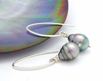 Tahitian Pearl Circled Drops on Silver Arc Earrings