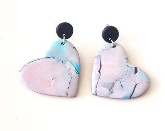 Sunrise. Watercolour heart shaped statement earrings.