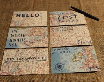 Vintage Map Notecards with Inspirational Quote - Map Postcard Set - Map Stationery