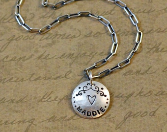 Custom, personalized, sterling silver charm, name, verse, pendant, whimsical scroll, long box cable chain, gift, handstamped, personalized
