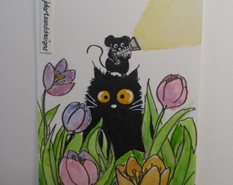 ORIGINAL #185 art painting black cat flashlight tulips night miniature funny whimsical ACEO pet animals
