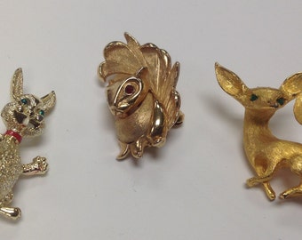 Vintage Woodland Animals Pin Trio