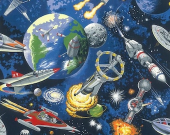 Fat Quarter Space Odyssey Space Ships 100% Cotton Quilting Fabric By Nutex
