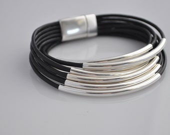 Multi Strand Black Leather and Silver Tube Bead Wrap Bracelet Layered Bangle Women's Bracelet with Magnetic Clasp