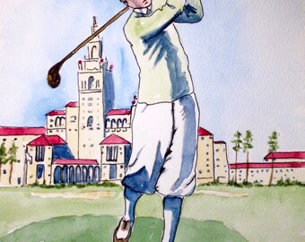 Golf art, vintage Saint Andrews, original watercolor, 8x10 inches