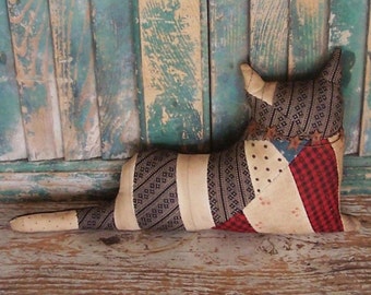 Rustic Cat Doll, Antique Quilt Top, Primitive Cat, Farmhouse Decor Home Decor Trends Zakka Home Decor Ideas, Red Black White - READY TO SHIP
