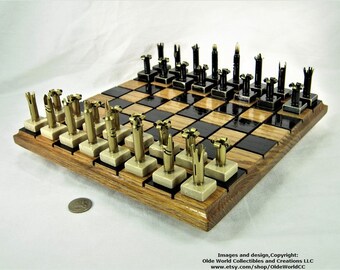 223 Bullet shell chess pieces with marble base. Red Oak Board optional- Free Shipping to U.S.