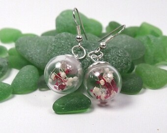 Long earrings. Crystal sphere with dried flowers. Earrings pendant sphere. Natural earrings. Style boho. Earrings dry flower.
