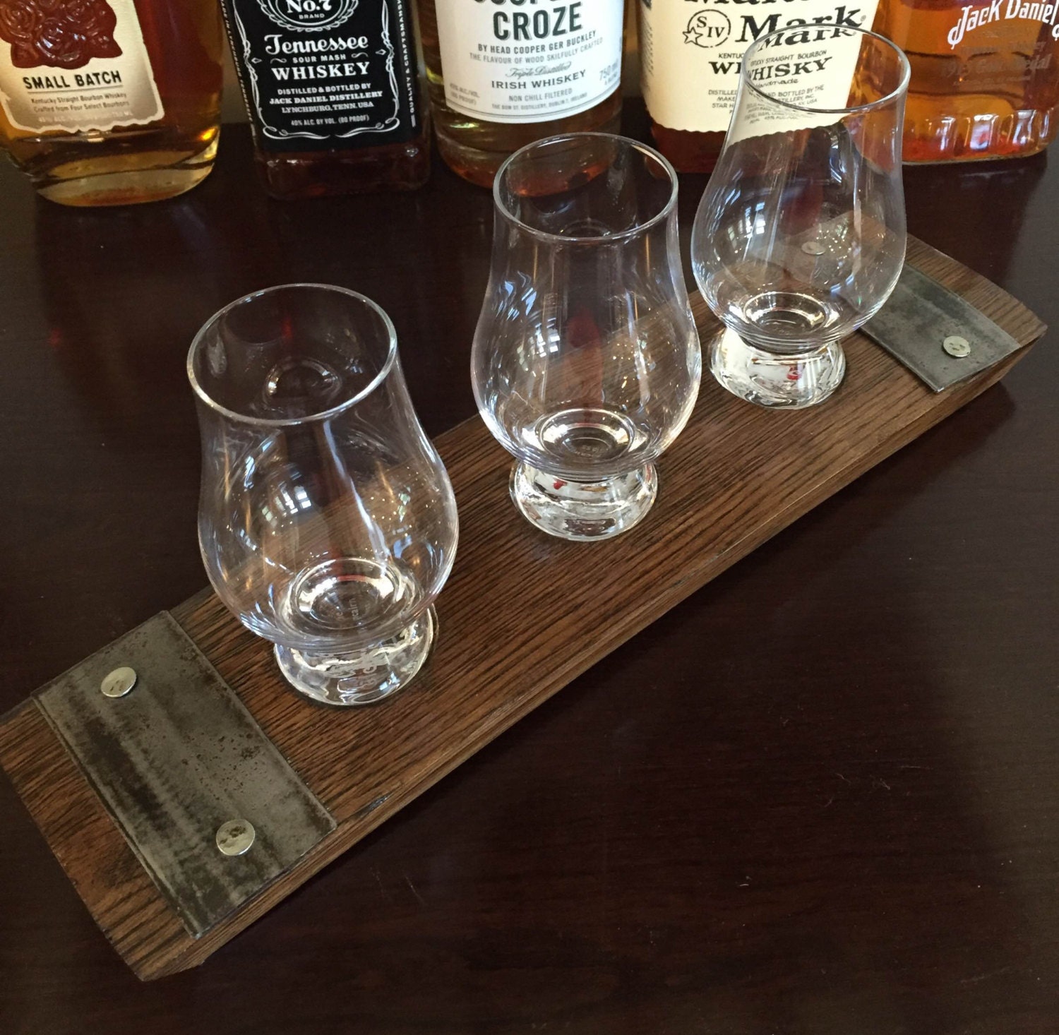 Whiskey Flight Tray With Glencairn Whiskey Glasses Made From Reclaimed Whiskey Barrel Stave