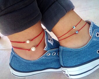 Pearl anklet bracelet Evil eye anklet Red string anklet Pearl ankle bracelet Pearl jewelry Evil eye jewelry Anklets for women Ankle bracelet