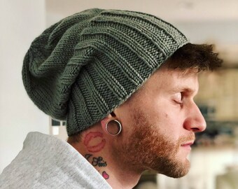 Hand knit slouchy fit ribbed brim beanie