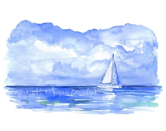 Sailboat Watercolor Painting - 14 x 11 - Giclee Print - Ocean Seascape Art