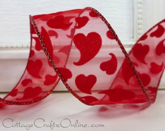 Valentine Wired Ribbon, 1 1/2" wide, Flocked Red Hearts, Sheer, THREE YARDS, Offray "Love Joy" Wire Edged Valentine's Day Ribbon