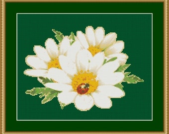 Ladybug On Daisy Flowers Counted Cross Stitch Pattern in PDF for Instant Download