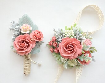 Pink Boutonniere and Corsage, Pink Wedding, Prom Corsage and Boutonniere Set, Rose Wrist Corsage, Rose Boutonniere, Larkspur Pink Corsage