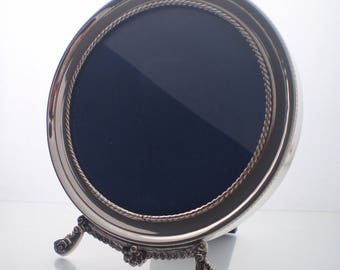 NEW Sterling Silver round picture frame, Vintage style, handcrafted, wooden backing & stand