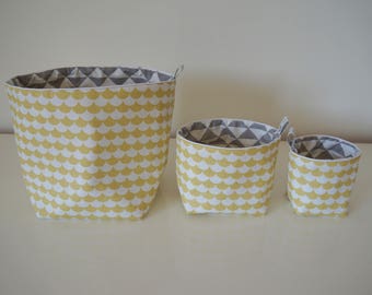 Set of 3 baskets Scandinavian style fabric cotton reversible