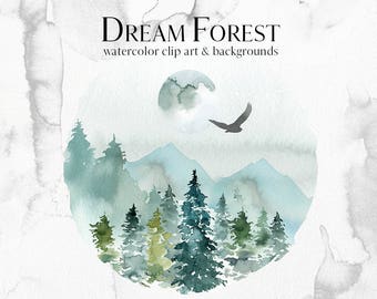 Spruces Pine Trees Deer Watercolor Clipart Fir Trees PNG Christmas Winter Forest Landscape Clip Art Collection Own Elk Birds Moon Mountains