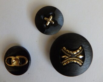 6 black and gold vintage shank buttons
