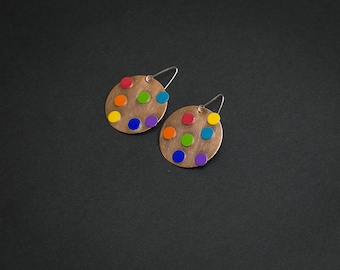 Polka dot earrings Colorful funky earrings Rainbow earrings Funky jewelry Geometric earrings Rainbow jewelry Round earrings Contemporary