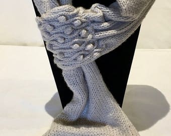 Hand knitted key hole beige scarf and matching hat