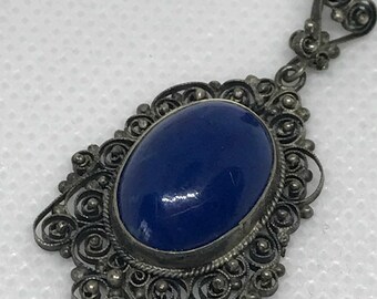 Vintage Filigree Silver Blue Color Stone Pendant Necklace