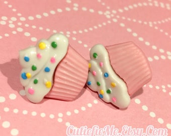 Pink Cupcake With Frosting Stud Earrings