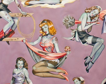 Beauties and Brains in Mauve Background Alexander Henry 100% Cotton Halloween Zombies Females Pin Ups